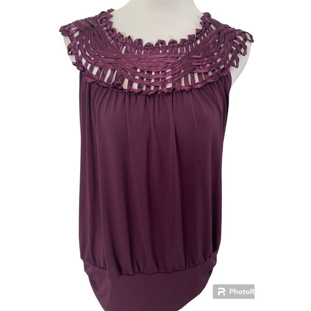 Y2k Long Blouson Woven Satin Accent Going Out Top Purple Stretch Shirred Side L